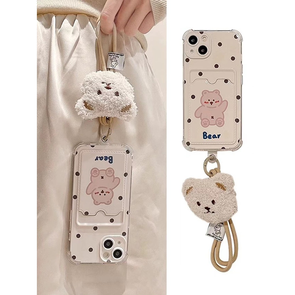 สายรัดข้อมือหมีน่ารักเหมาะสําหรับ Samsung s24ultra เคสโทรศัพท์ใส่การ์ด a54/a53/a52 หญิง note20ultra/a14/a15/a42 กันกระแทก s20/s10+/ a22/a13