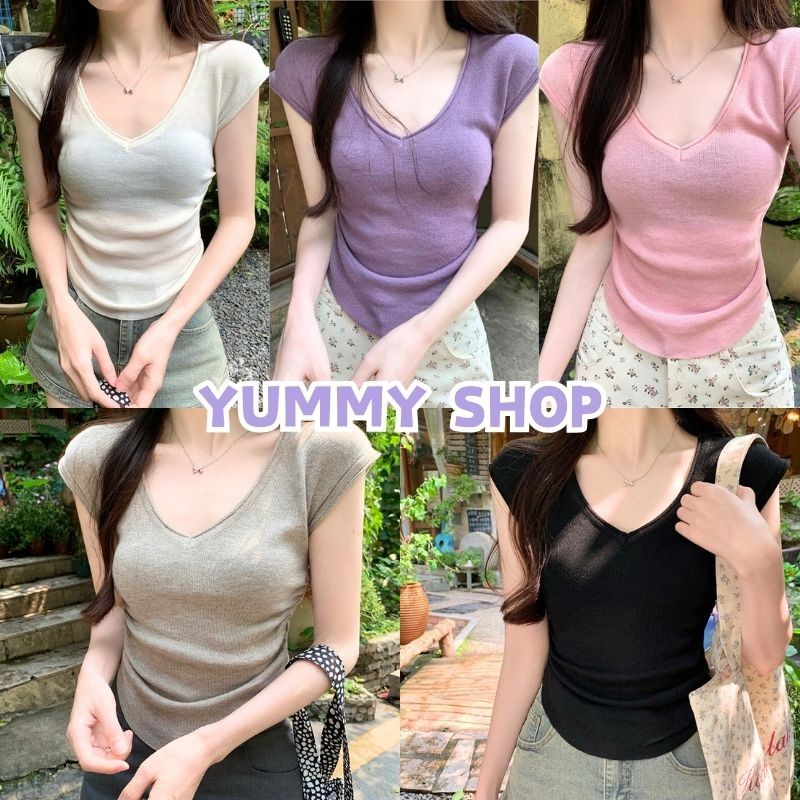 🎀Yummy Shop🎀พร้อมส่ง【X52】 เสื้อยืดไหมพรม คอวี แขนกุด สีพาสเทลน่ารัก