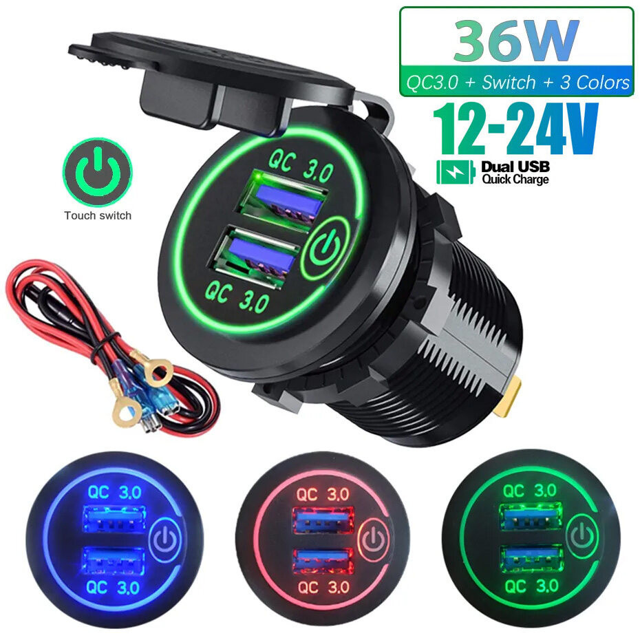 รถ Dual USB Charger Outlet พร้อมสวิตช์สัมผัสไฟ LED กันน้ํารถ USB ชาร์จโทรศัพท์ 12 V-24 V USB รถชาร์จโทรศัพท์ QC3.0 USB รถซ็อกเก็ต Fast Charger