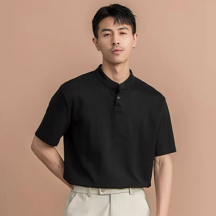 BECoolMan-แขนสั้นคอปกตั้งฤดูร้อน เสื้อยืดสีล้วน ลมอ่อน ยอดนิยม แฟชั่น