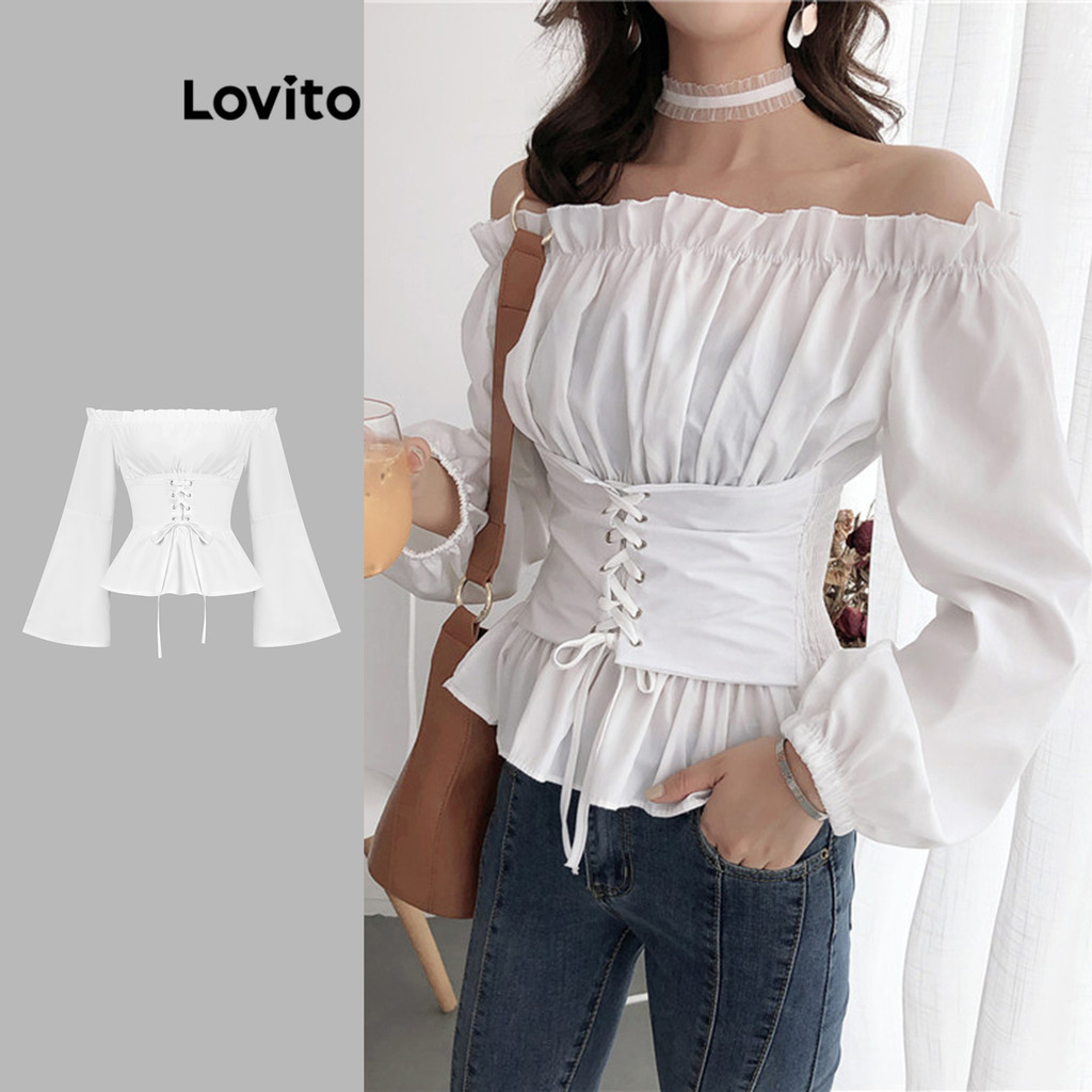 Lovito เสื้อเบลาส์ผูกโบว์ด้านหน้าแบบลำลองสำหรับผู้หญิง L114AD315