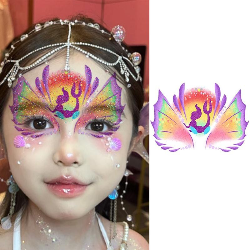 แวววาว เด็กที่มีสีสันใบหน้าสติกเกอร์รอยสักน่ารักใบหน้าที่สวยงามสักนางเงือกสไตล์เจ้าหญิงสติกเกอร์รอยสักทิ้งสําหรับเด็ก