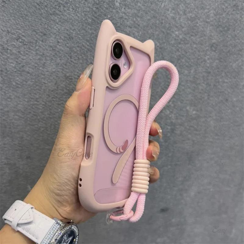 หูแมวน่ารัก Magsafe สําหรับ iPhone 12 13 14 15 16 Pro Max 15 16 Plus PC โปร่งใส TPU เกราะพร้อมสายรัดข้อมือโซ่