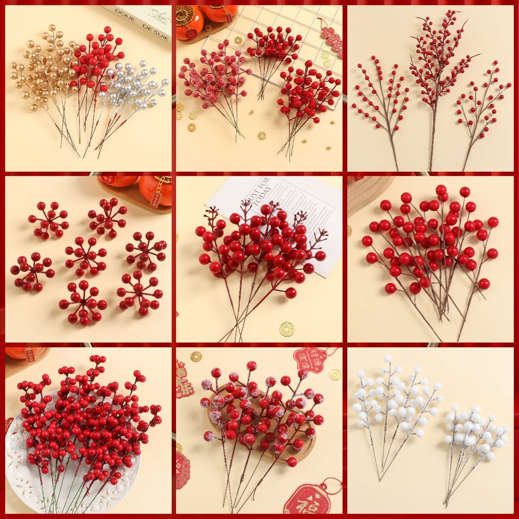 6pcs ปีใหม่ Decortions Artifical Berry Stem สาขาสีแดงทองเงิน Fortune ผลไม้สีแดงดอกไม้ปลอมเครื่องประดับตกแต่งคริสต์มาส DIY CNY Decor