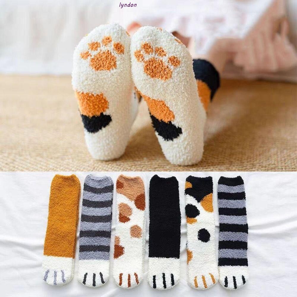 Lyndon 1 คู่ Coral ขนแกะถุงเท้าอุ่น, Thicken สัตว์นิ้วมือ Cat Paw ถุงเท้าฤดูหนาว, แฟชั่น Cat Paw นุ่มปะการังขนแกะถุงเท้านอนผู้หญิง