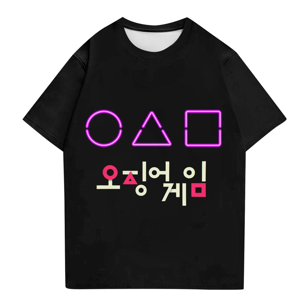 【HOT】Squid Game Costume Squid Game 2 Geometric T-Shirt,พิมพ์ลวดลายเรขาคณิต เสื้อยืดคอตตอน cotton t-s