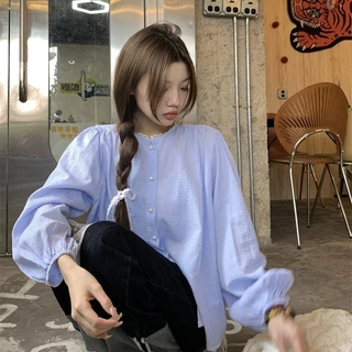mimi&didi#เสื้อเชิ้ตแขนยาวลายทางหวานน่ารักคอกลมทรงหลวมกระดุมมุกกระดุมแถวเดียว สำหรับผู้หญิง#W531