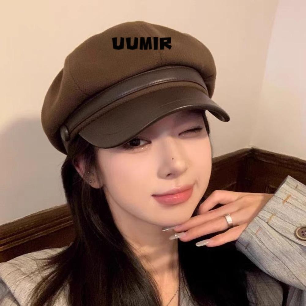 UUMIR ผู้หญิงลิ้นเป็ด Beret, สีทึบ Warm Retro จิตรกรแปดเหลี่ยมหมวก, แฟชั่นสายหนัง Windproof Breathable Vintage Newsboy หมวกผู้หญิงผู้ชาย