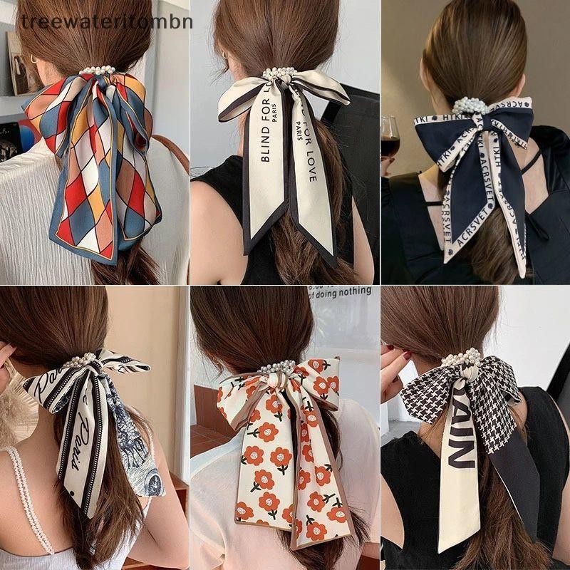 Tt ผ้าพันคอผมผู้หญิงผู้ถือผมหางม้า DIY อุปกรณ์เสริมผมใหม่แฟชั่น Double Layered ซาตินผ้าพันคอผมวงยาวริบบิ้นโบว์ mbn
