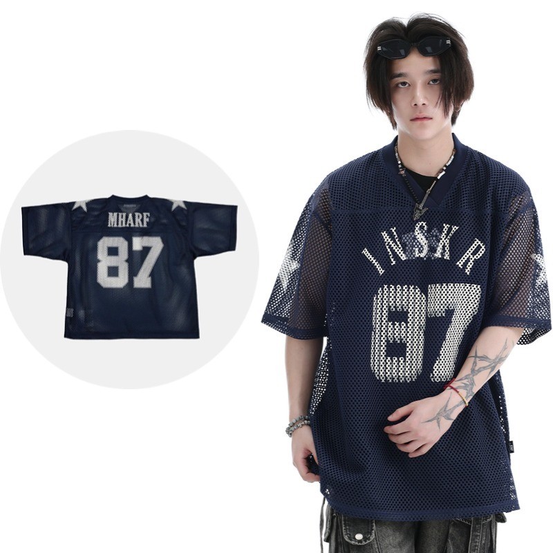 SUIKONE ซุยโคเนะ ฤดูร้อนผู้ชายและผู้หญิงกองทัพเรือตาข่ายเสื้อยืดอเมริกันถนนย้อนยุคพิมพ์ดิจิตอลย์