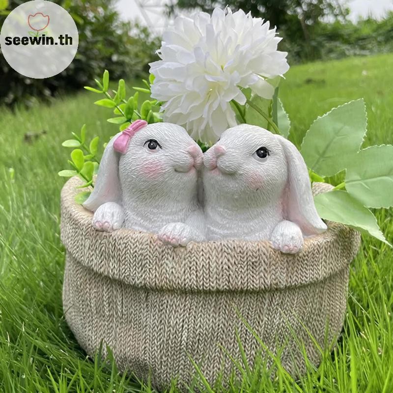 Seewin อีสเตอร์กระต่ายดอกไม้หม้อ er Garden Pots ตกแต่งเรซิ่นหม้อสัตว์รูปการ์ตูน Planter กระถาง Art ตกแต่ง th