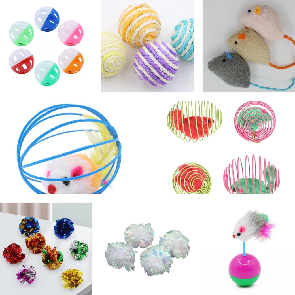 ของเล่นแมว ของเล่นสัตว์เลี้ยง ๆ เช่น ลูกบอลเชือก ระฆังแมว ลูกบอลเชือกแมว และของเล่นสำหรับสัตว์เลี้ยงอื่น