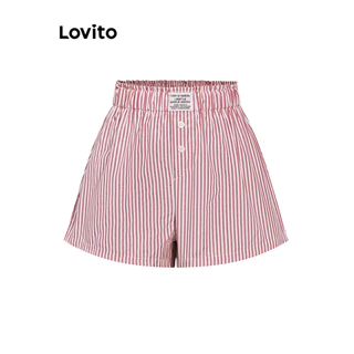 (KOL‘s pick) Lovito แคชชวล ปุ่มลายทางสั้นพื้นฐานสำหรับผู้หญิง L105MD129