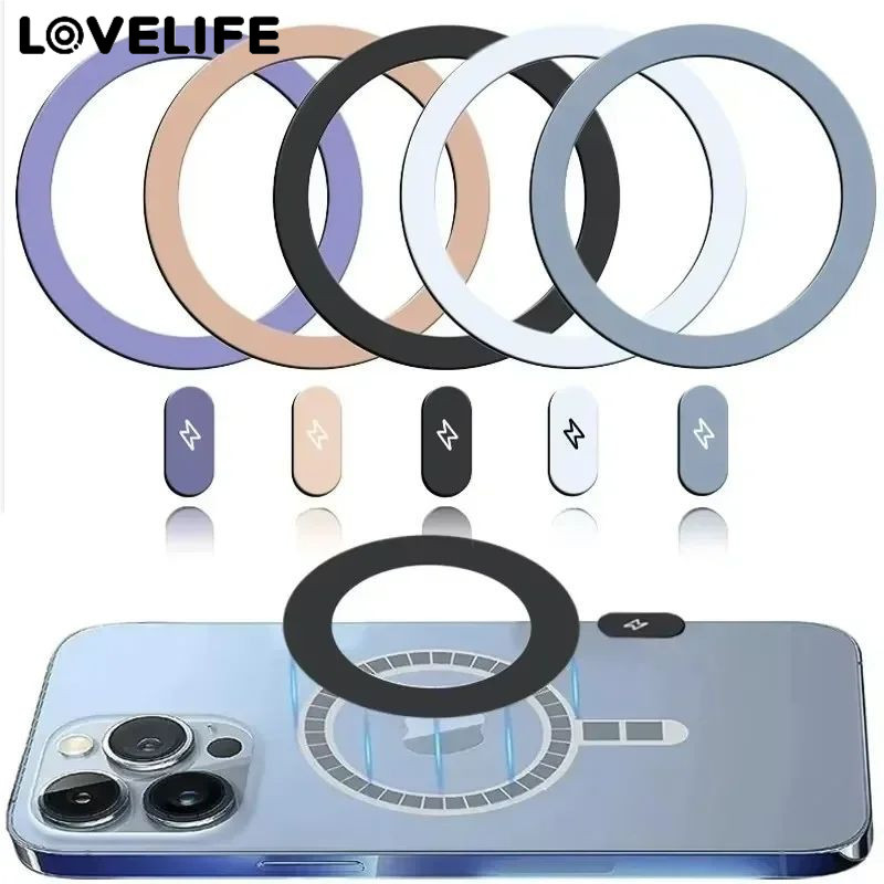 [3C&Auto]สติ๊กเกอร์แม่เหล็กโลหะพรีเมี่ยมสําหรับ iPhone 12/13/14 | เทคโนโลยีการพิมพ์สกรีนผ้าไหมดีไซน์บาง 0.5 มม. พร้อมหางจัดตําแหน่ง (10.07 มม.) | มี5สี