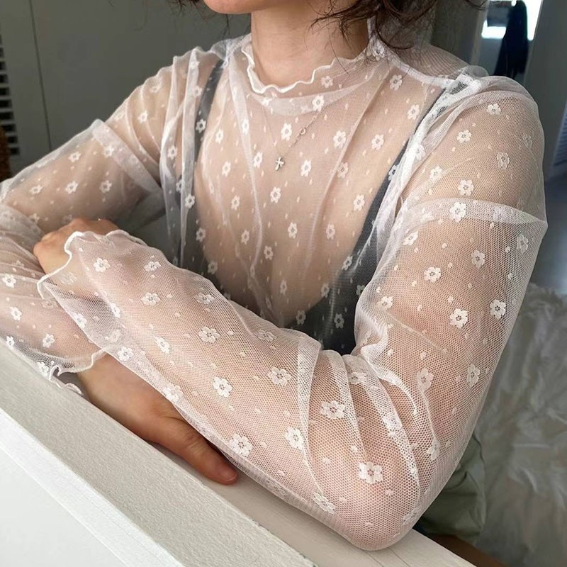 สาวเผ็ด เสื้อยืดแขนยาวโปร่งใสสำหรับผู้หญิง ชุดสลิปฤดูร้อน ชั้นในผ้ากอซบาง ชั้นนอกผ้าไหมเย็น ปกป้องแสงแดด เสื้อคลุมตาข่าย E56S - รูปที่ 5