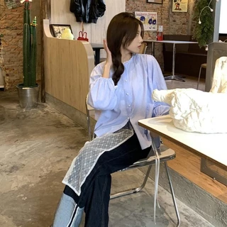 Cuites 🔥 เสื้อเชิ้ตแขนยาวผู้หญิงสไตล์เกาหลี ลายทาง สีพาสเทล เกาหลีแฟชั่นผู้หญิง W531
