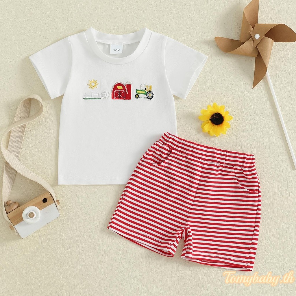 Tomybaby-เด็กวัยหัดเดินชายฤดูร้อนชุด Sun เย็บปักถักร้อยแขนสั้นคอกลมเสื้อยืด + กางเกงขาสั้นลาย 2 ชิ้น