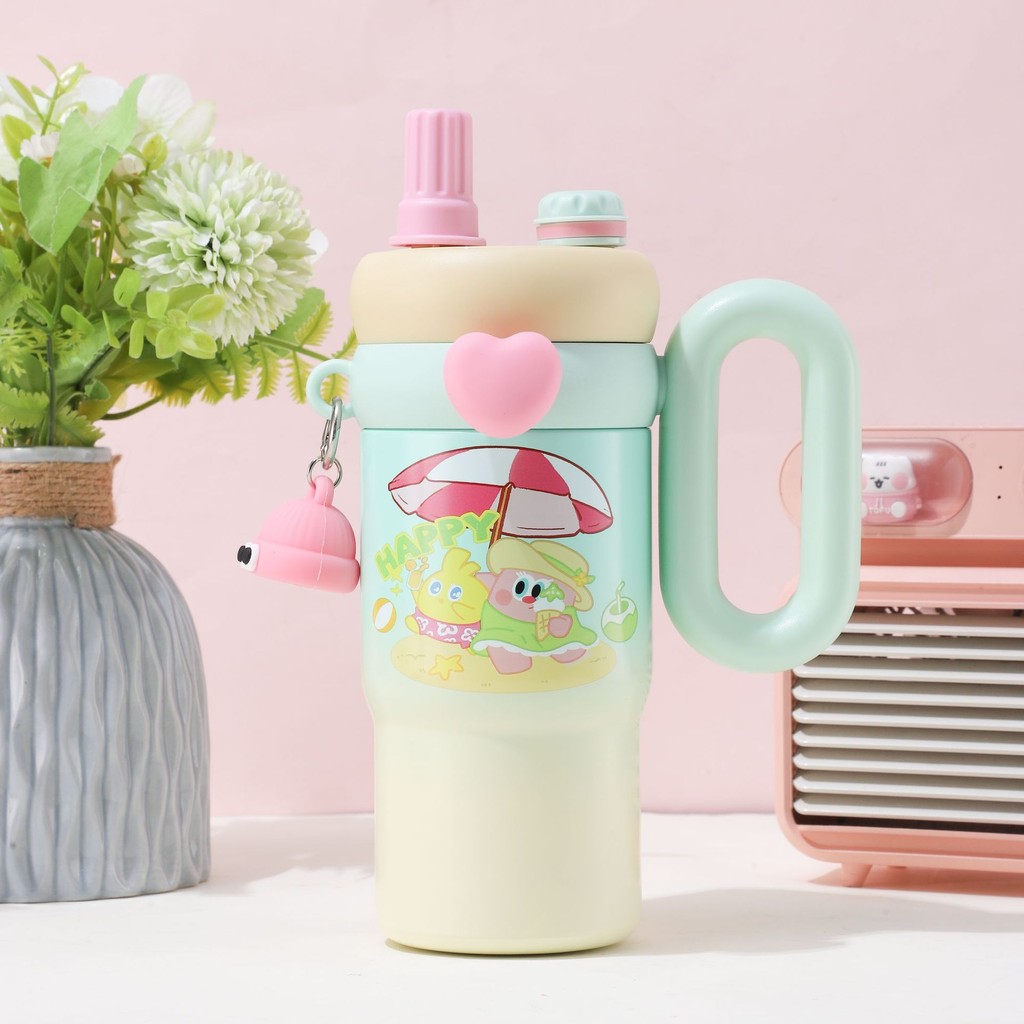 กระบอกน้ำสแตนเลส 850ml ลายการ์ตูนน่ารัก เก็บร้อนเย็น 12 ชม. พร้อมหลอด มีหูจับ พกพาสะดวก