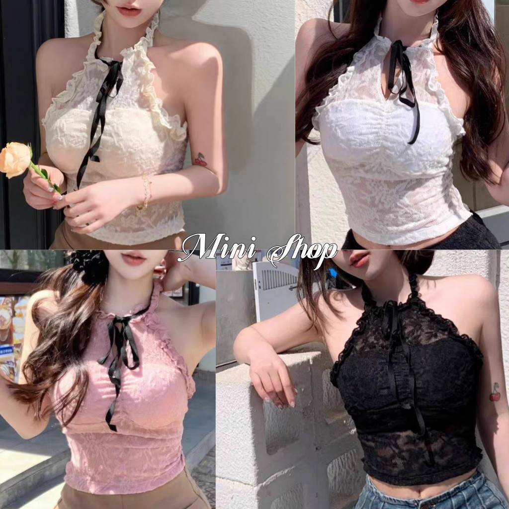 Mini shop🌸พร้อมส่ง🌸(FY385) เสื้อกล้าม มีฟองน้ำในตัว สีพาสเทล คล้องคอ เซ็กซี่