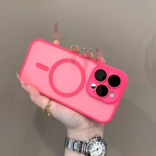 เคสโทรศัพท์เคลือบสีแดงกุหลาบเหมาะสําหรับ iPhone 15 11 12 13 14 16 Pro Max Plus 12mini 13mini เคสแม่เหล็กโปร่งใสกึ่งฝาครอบกันกระแทก