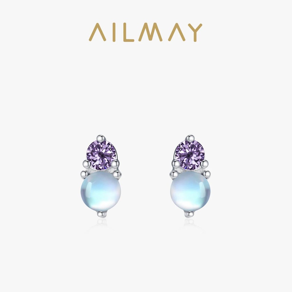 Ailmay 925 เงินสเตอร์ลิงสีม่วงZircon MoonStoneสตั๊ดต่างหูผู้หญิงงานแต่งงานเครื่องประดับFine