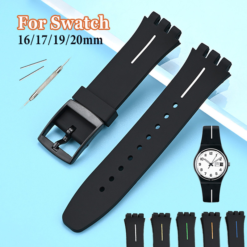 SWATCH สําหรับ ตัวอย่าง เปลี่ยนสายนาฬิกาซิลิโคนอ่อน 16 มม.17 มม.19 มม.20 มม.กันน้ํากีฬายางสร้อยข้อมือสีดําผู้ชายผู้หญิงนาฬิกาอุปกรณ์เสริม
