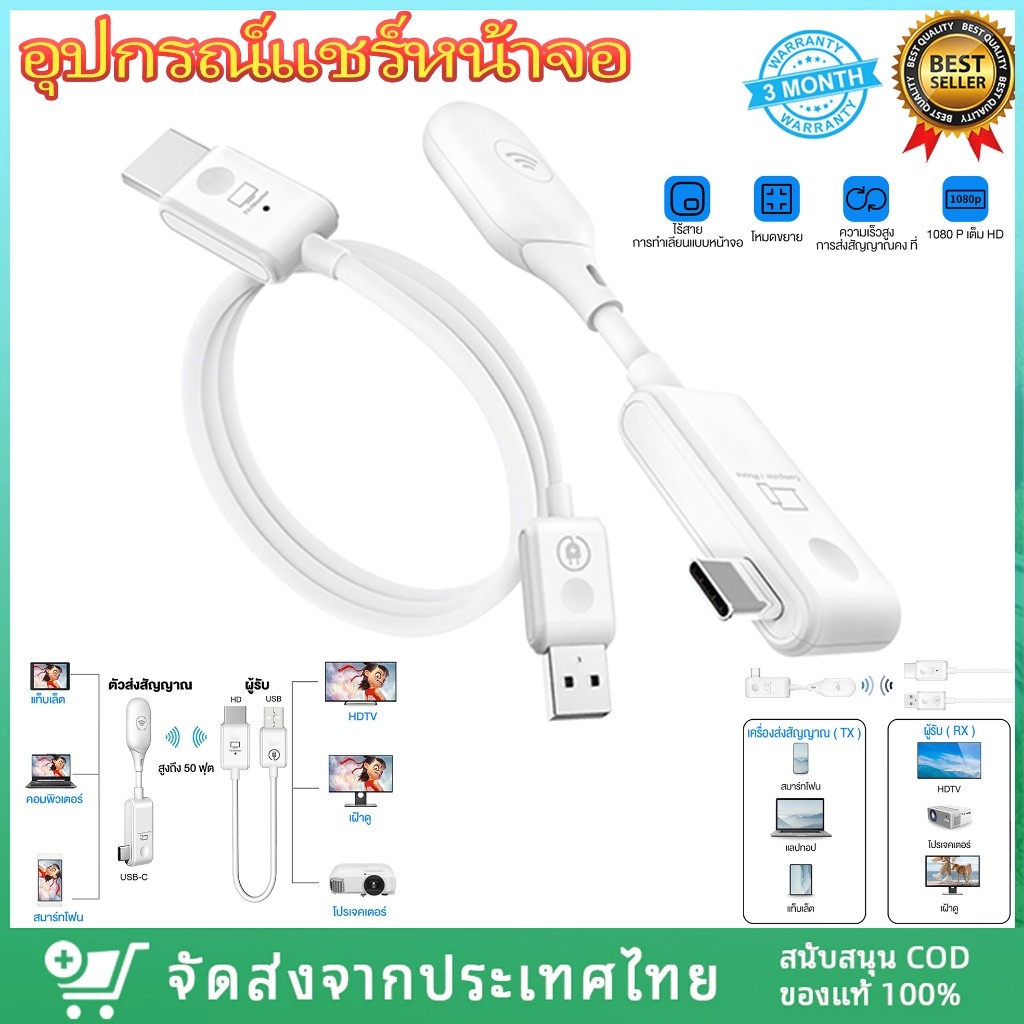 [ใหม่ล่าสุด❗️] อุปกรณ์แชร์หน้าจอไร้สาย 1080P HDTV to Type-C HDMI Wireless Transmitter Receiver รับสัญญาณถึง 50 เมตร