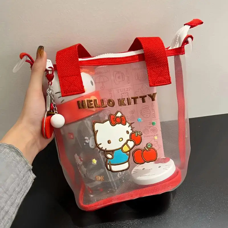 SANRIO ซานริโอ สวัสดี คิตตี้ น่ารัก กระเป๋าสะพายตาข่ายลายน่ารักพิมพ์ระบายอากาศใสน้ําหนักเบาถ้วยน้ําถุงเก็บเอกสาร