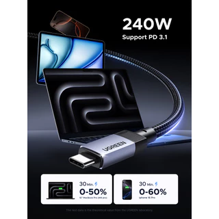 UGREEN USB3.1 Gen2 10Gbps 1M Bulit ในชิป E-Marker USB-C ถึง USB-C 240W สายชาร์จข้อมูลเปลือกอลูมิเนียม Braided Space Grey