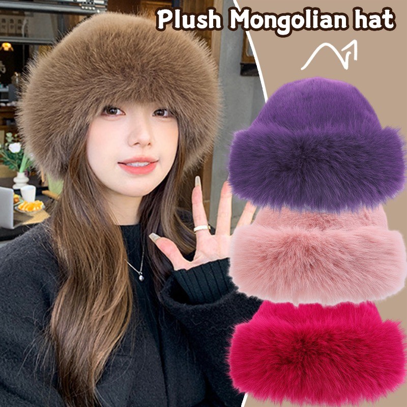 หมวกมองโกเลียตุ๊กตาหนา-กันลม,สีทึบ-สําหรับฤดูหนาวเก็บอุปกรณ์เสริมที่อบอุ่น-อเนกประสงค์,แสดงใบหน้าขนาดเล็ก-หมวกป้องกันหู