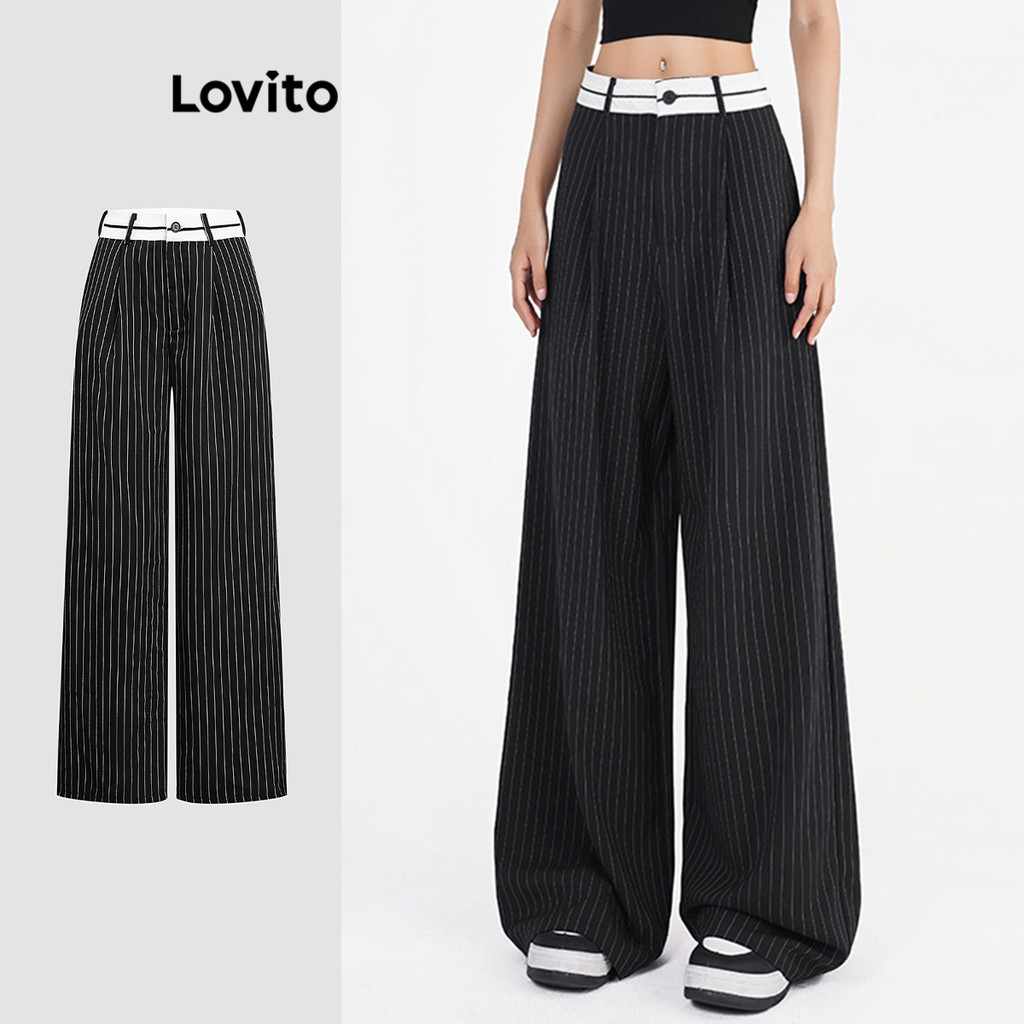 Lovito กางเกงสีพื้นทรงลำลองสำหรับผู้หญิง L110AD574