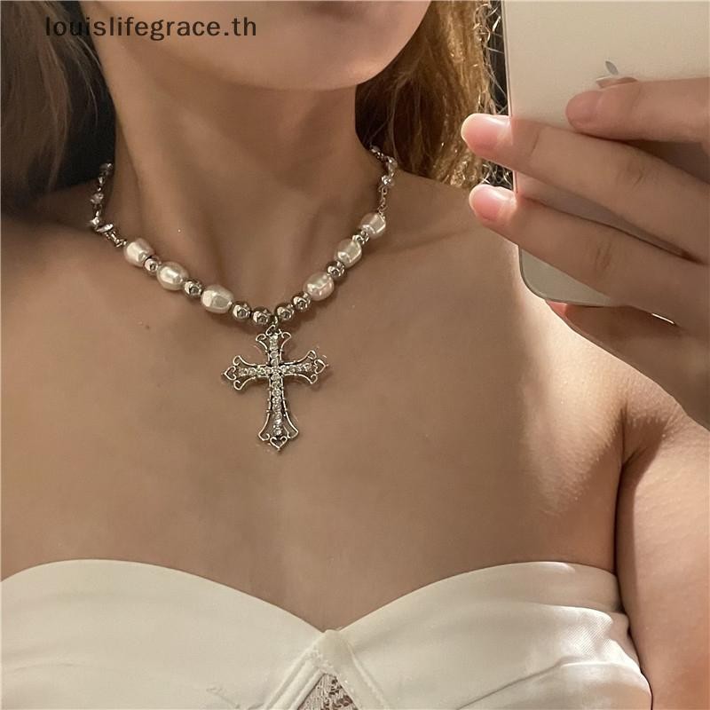 Lgth แนวโน้มแฟชั่นหวานและเย็นประดิษฐ์เพชร Cross จี้เพิร์ลบุคลิกภาพ Cool Wild Collarbone สร้อยคอของขวัญ HOT