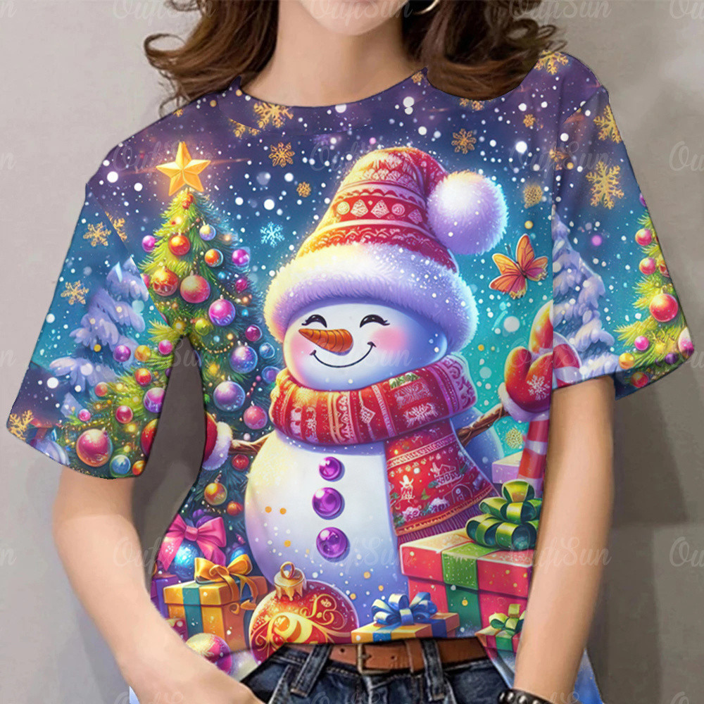 มนุษย์หิมะคริสต์มาสสีสันสดใสพิมพ์เสื้อยืดผู้หญิง2025 เสื้อปาร์ตี้คริสต์มาสแขนสั้นคอกลมหลวมด้านบน