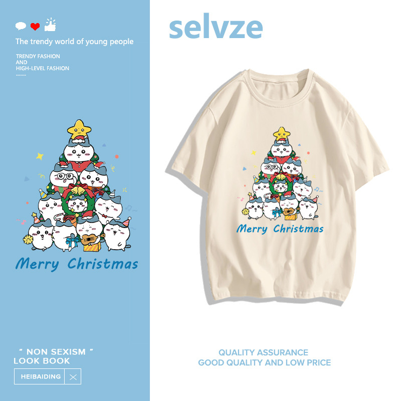 SELVZE（จัดส่งตลอด 24 ชั่วโมง）เสื้อ christmas，การ์ตูนคริสต์มาสน่ารักพิมพ์เสื้อยืดแขนสั้นหลวม I002833