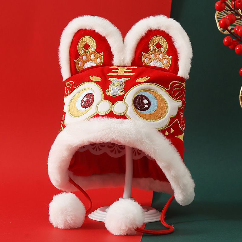 ทารกปีมังกร ฮันฟู หมวกปีใหม่เด็กเสือหมวกหัวมังกรสีแดงหมวกเด็กปีใหม่เทศกาลสาวหัวเสือหมวก