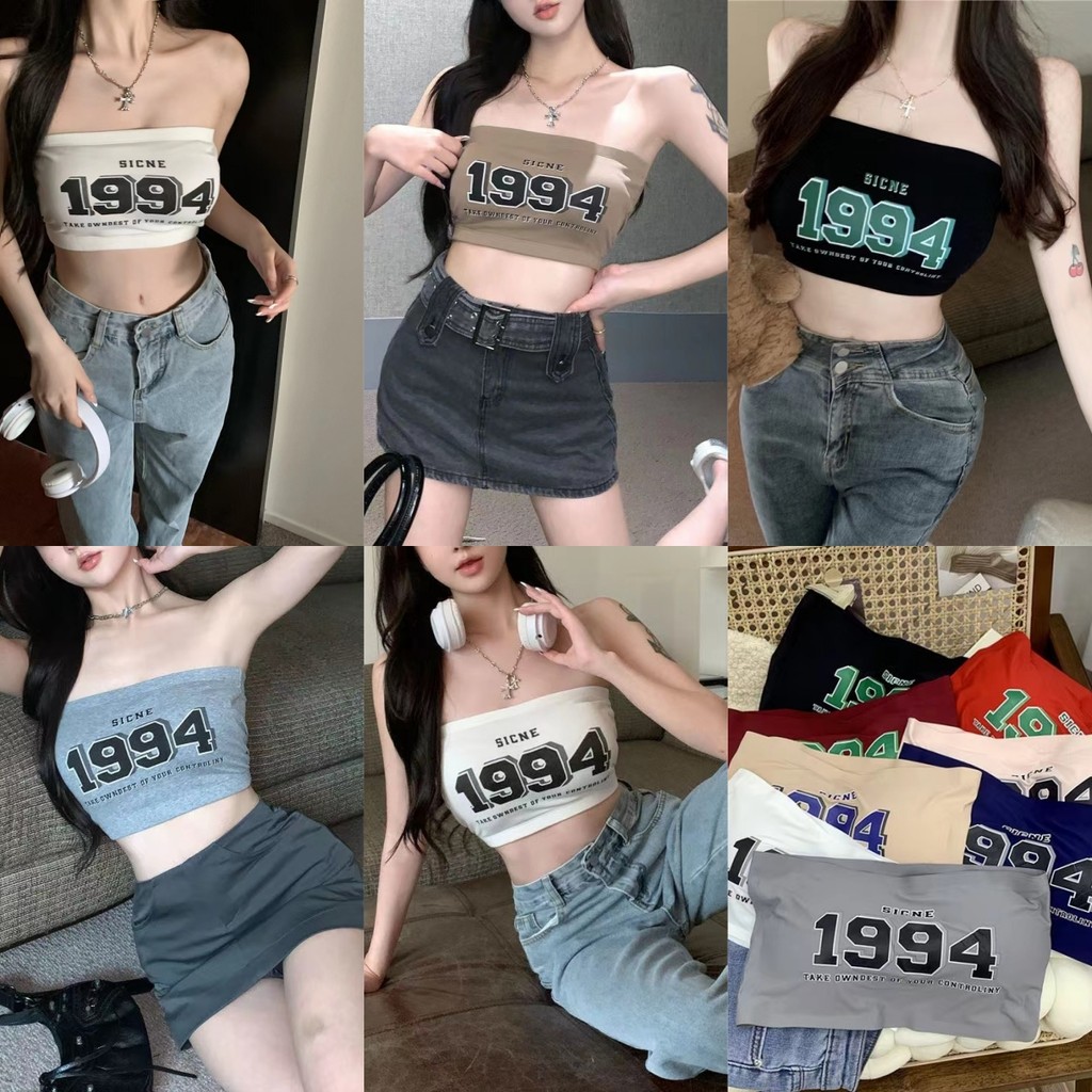 Evelynเสื้อเกาะอกฟองน้ำ ผ้ากรีด กันโป๊ เปิดไหล่ เสื้อครอปสุดเซ็กซี่ ทรงสวย แฟชั่นหน้าร้อน y2k ผ้านิ่ม ใส่สบาย#FY1994