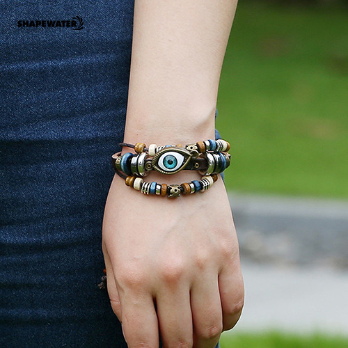 Shapewater Unisex Handmade ตุรกี Eye หนังเทียมปรับสร้อยข้อมือสายรัดข้อมือเครื่องประดับ