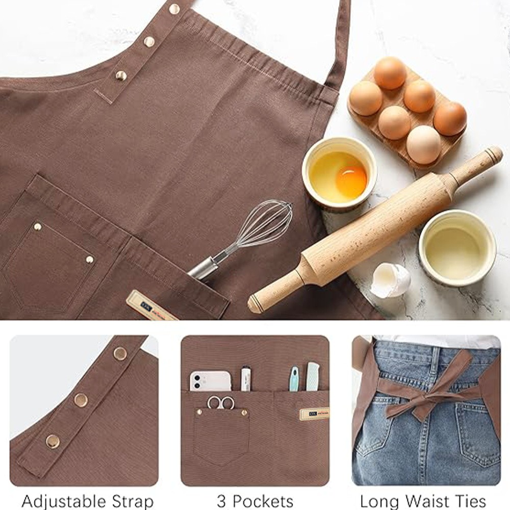 ผ้ากันเปื้อนในครัวและสวนใช้กระเป๋าโพลีเอสเตอร์กันน้ำและกันน้ำมันทำสวนชุดสีน้ำตาลและสีขาว - รูปที่ 4