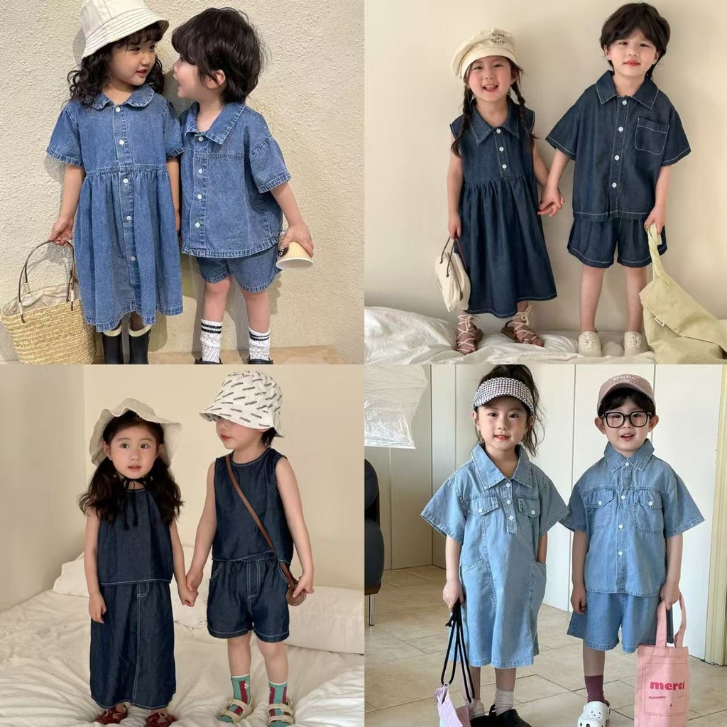 เด็กเสื้อผ้าบราเดอร์น้องสาวเสื้อผ้าฤดูร้อนสไตล์ใหม่เด็กชุดยีนส์