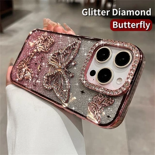 เคสโทรศัพท์ผีเสื้อแวววาวสําหรับ iPhone 16 Pro Max หรูหรา Bling เพชรปลอกชุบโปร่งใสสําหรับ iPhone 13 11 12 14 15 Pro Max Plus ปกอ่อน