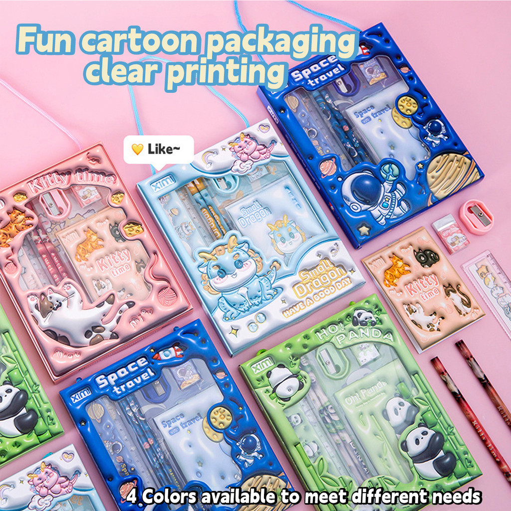 ชุดเครื่องเขียนหกชิ้นชุดเครื่องเขียนการ์ตูน ไร้ขน ภาพวาดและเขียนชุดเครื่องมือดินสอเหลาดินสอยางลบไม้บรรทัด