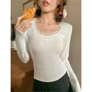 cherryshop พร้อมส่ง เสื้อแขนยาวคอกลมลูกไม้ผู้หญิงรุ่นเกาหลี การออกแบบธนู ผ้านุ่มเข้ารูป เรียบง่ายและน่ารัก