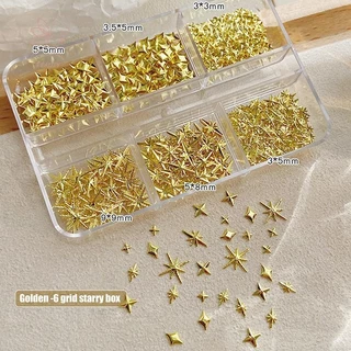 [maybeauty] 6 Grids Metallic Gold Silver Nail Art Rhinestones Decor Nail Charms Flatback Starburst Pentagrams Jewel Nail Accessories {TH}