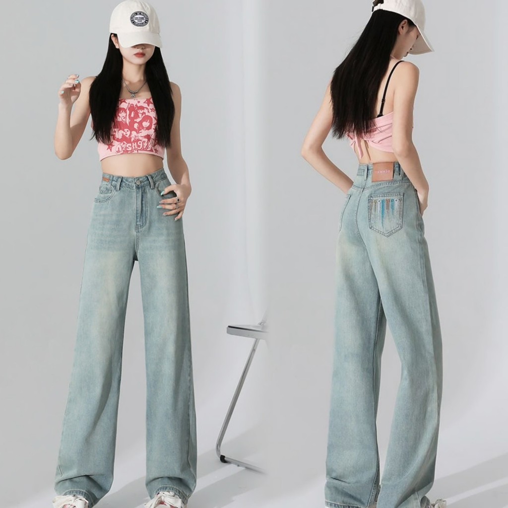 Korean กางเกงยีนส์ งานป้าย DENIM ปักกระเป๋าหลัง ทรงสวย ผ้านิ่มใส่สบาย ทรงขากระบอกยาว ยีนส์ /8123