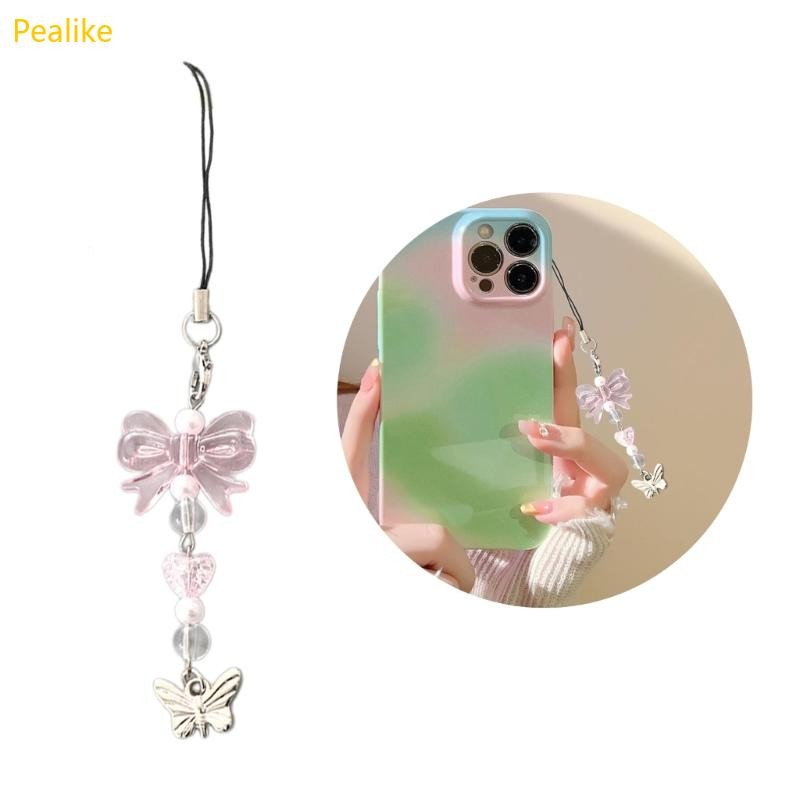 Pealike Handmade Bowknot จี้โทรศัพท์ Charm แขวนเชือกหัวใจลูกปัดโทรศัพท์สายคล้องกระเป๋าตกแต่ง Lanyard พวงกุญแจ
