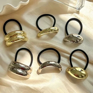 สีทอง Punk Geometric Hair Ties ผู้หญิง Pinytail เชือกผมกันลื่น Simple Elastic Rubber Scrunchies