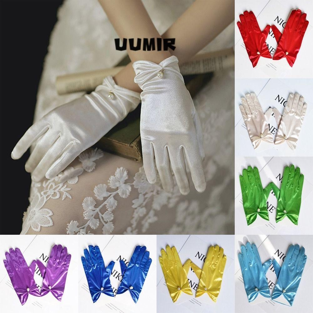 Uumir ถุงมือซาติน, ถุงมือเจ้าสาวซาตินสีทึบ, อุปกรณ์เสื้อผ้ายืดหยุ่นสั้น Finger Mittens งานแต่งงาน