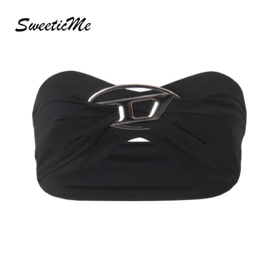SweeticMe Womens 2025 ใหม่แฟชั่นสีทึบเซ็กซี่ Slim Fit All Match Tube Tops