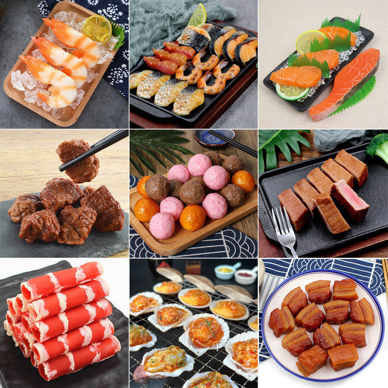 100รูปแบบArtifical PVCผักผลไม้เนื้อรุ่นที่สมจริงปลอมเนื้ออาหารสําหรับตกแต่งบ้านห้องครัว