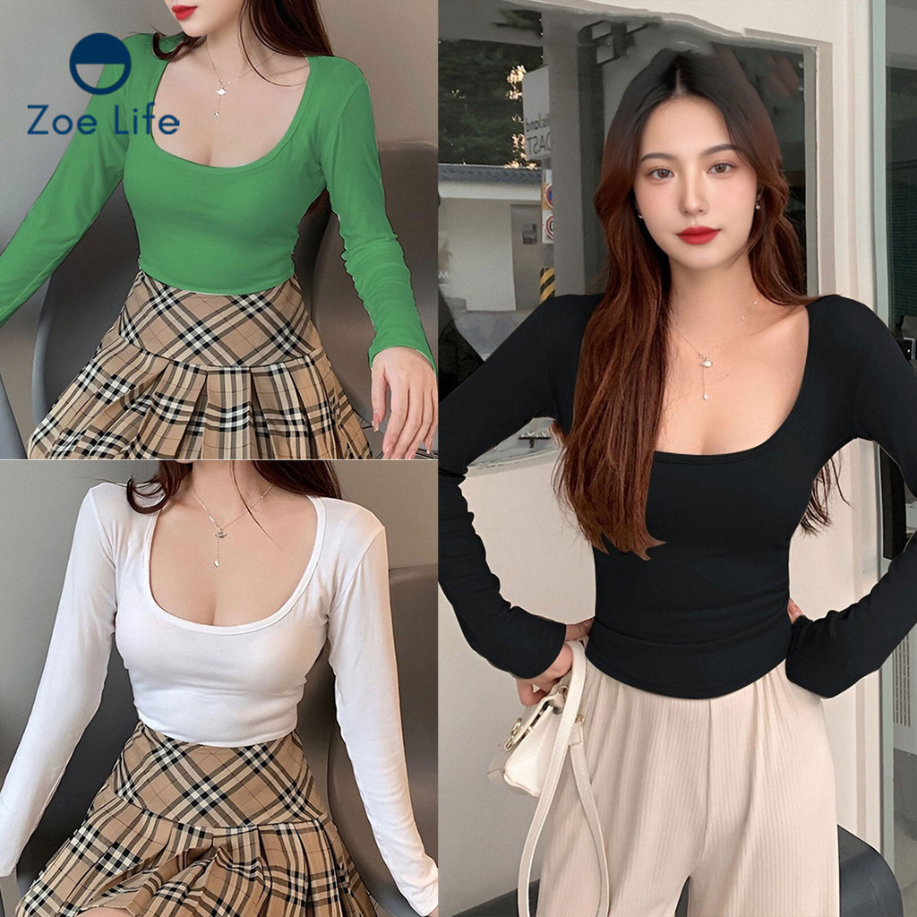 เสื้อยืดผู้หญิงแขนยาวแนบตัว ทรงสั้นสไตล์เกาหลี